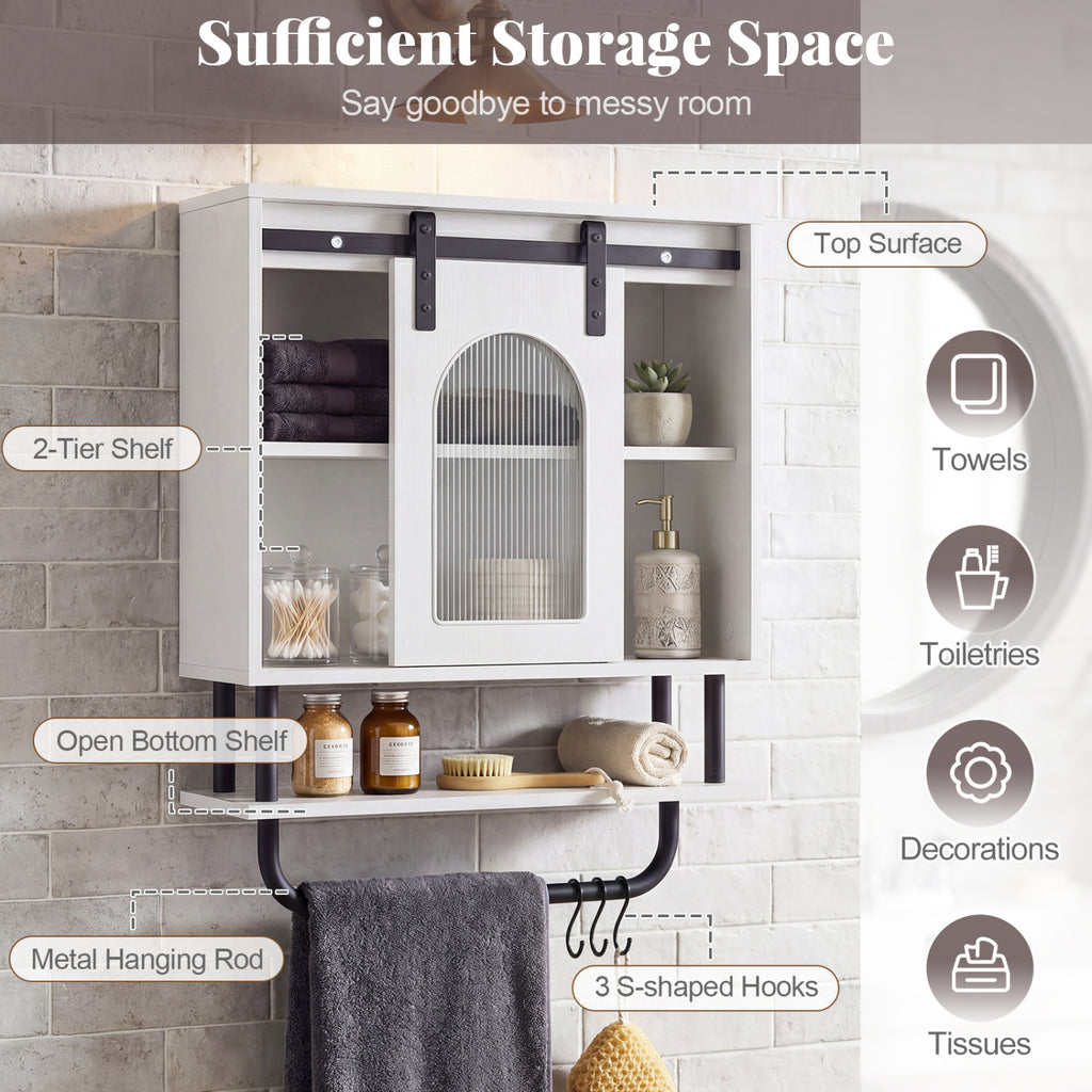 Bathroom Wall Cabinet with Sliding Barn Door and Metal Hanging Bar with 3 Hooks-White