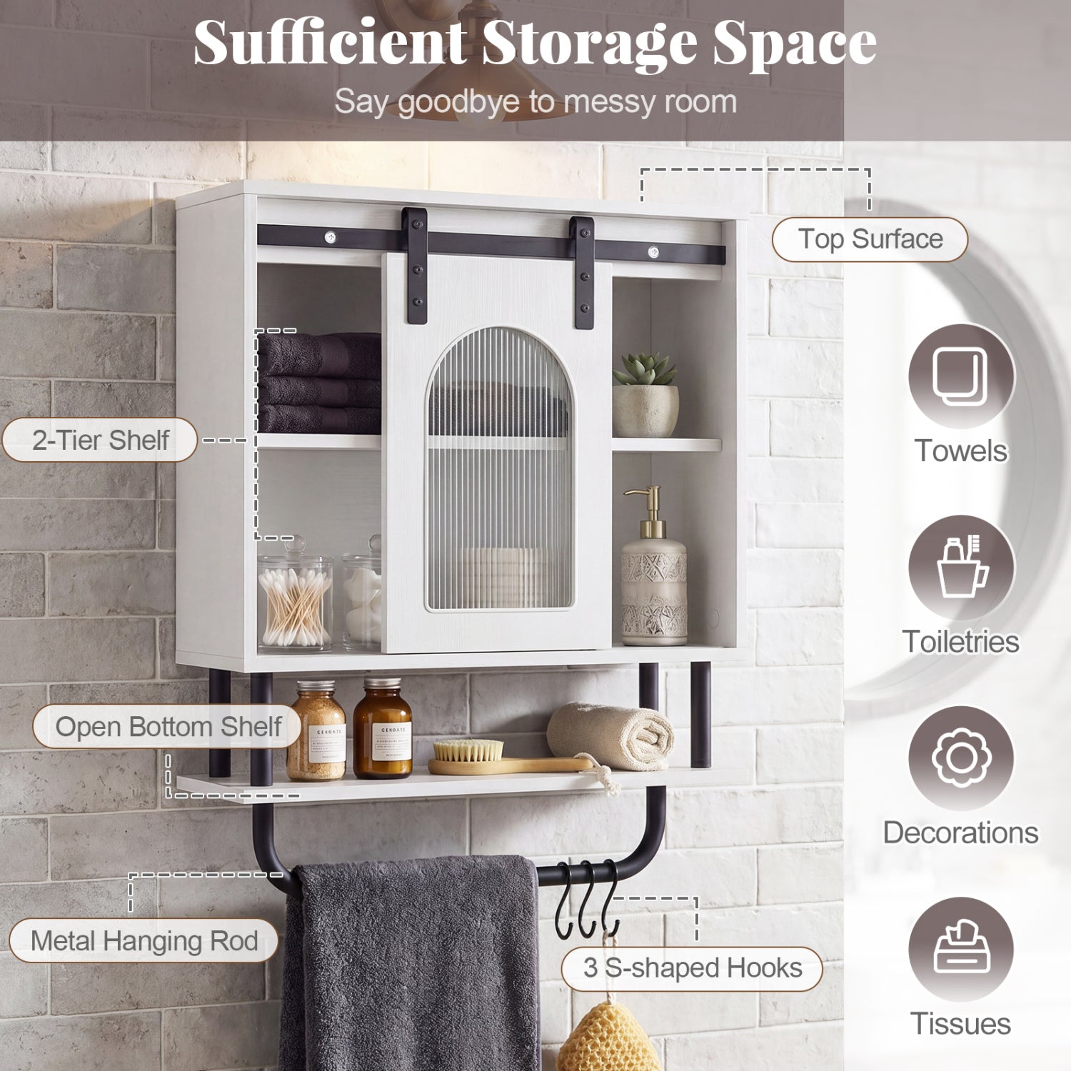 Bathroom Wall Cabinet with Sliding Barn Door and Metal Hanging Bar with 3 Hooks-White