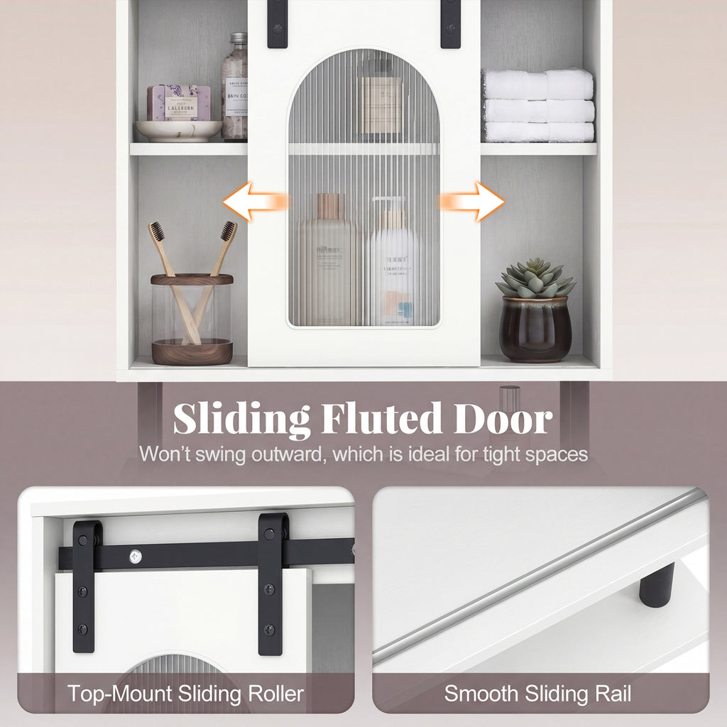 Bathroom Wall Cabinet with Sliding Barn Door and Metal Hanging Bar with 3 Hooks-White