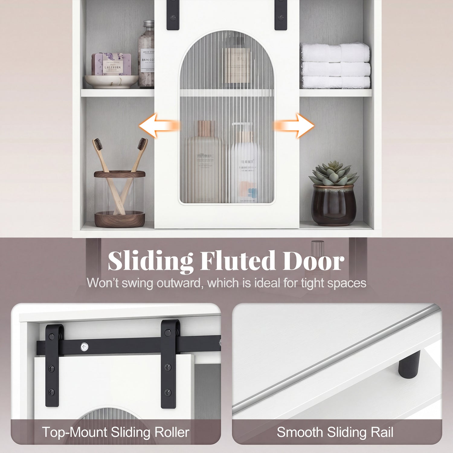 Bathroom Wall Cabinet with Sliding Barn Door and Metal Hanging Bar with 3 Hooks-White