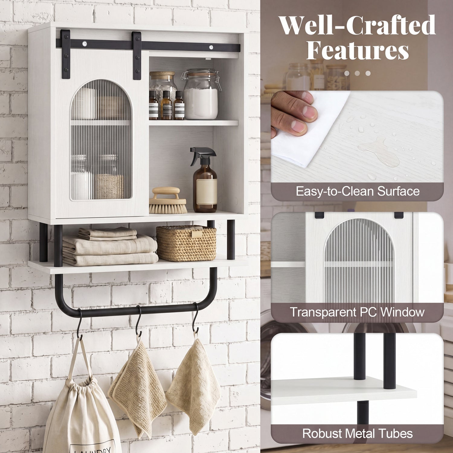 Bathroom Wall Cabinet with Sliding Barn Door and Metal Hanging Bar with 3 Hooks-White