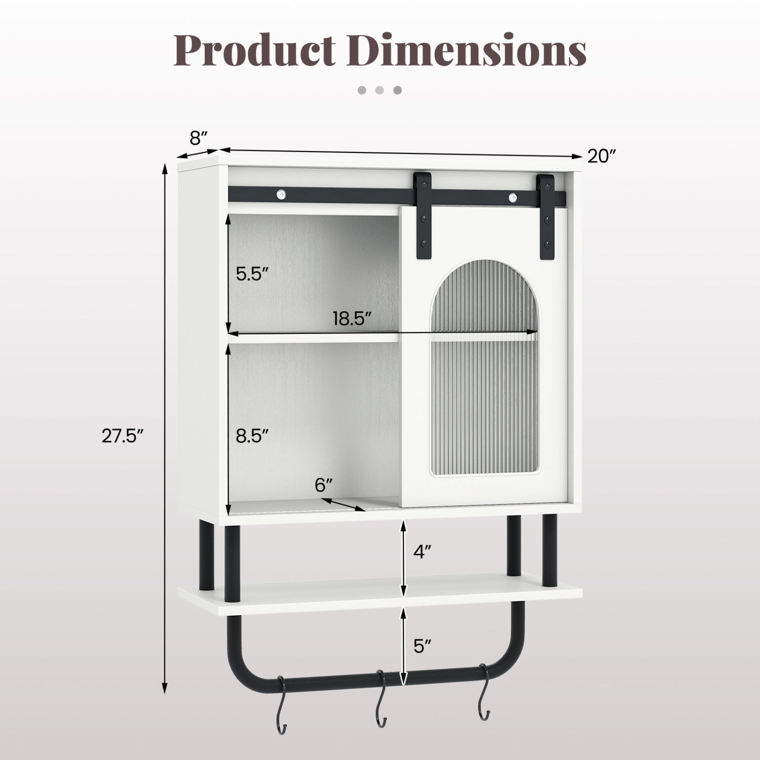 Bathroom Wall Cabinet with Sliding Barn Door and Metal Hanging Bar with 3 Hooks-White