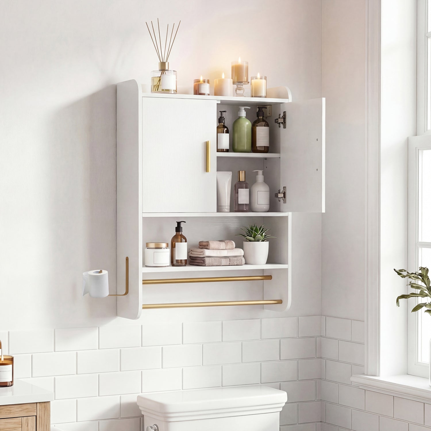 Bathroom Wall Cabinet Wall Mounted Medicine Cabinet with Towel Bars-White