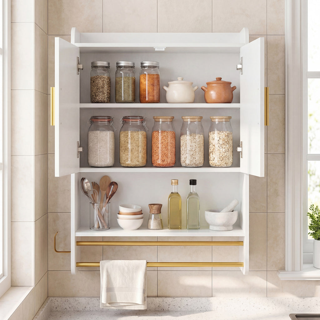 Bathroom Wall Cabinet Wall Mounted Medicine Cabinet with Towel Bars-White