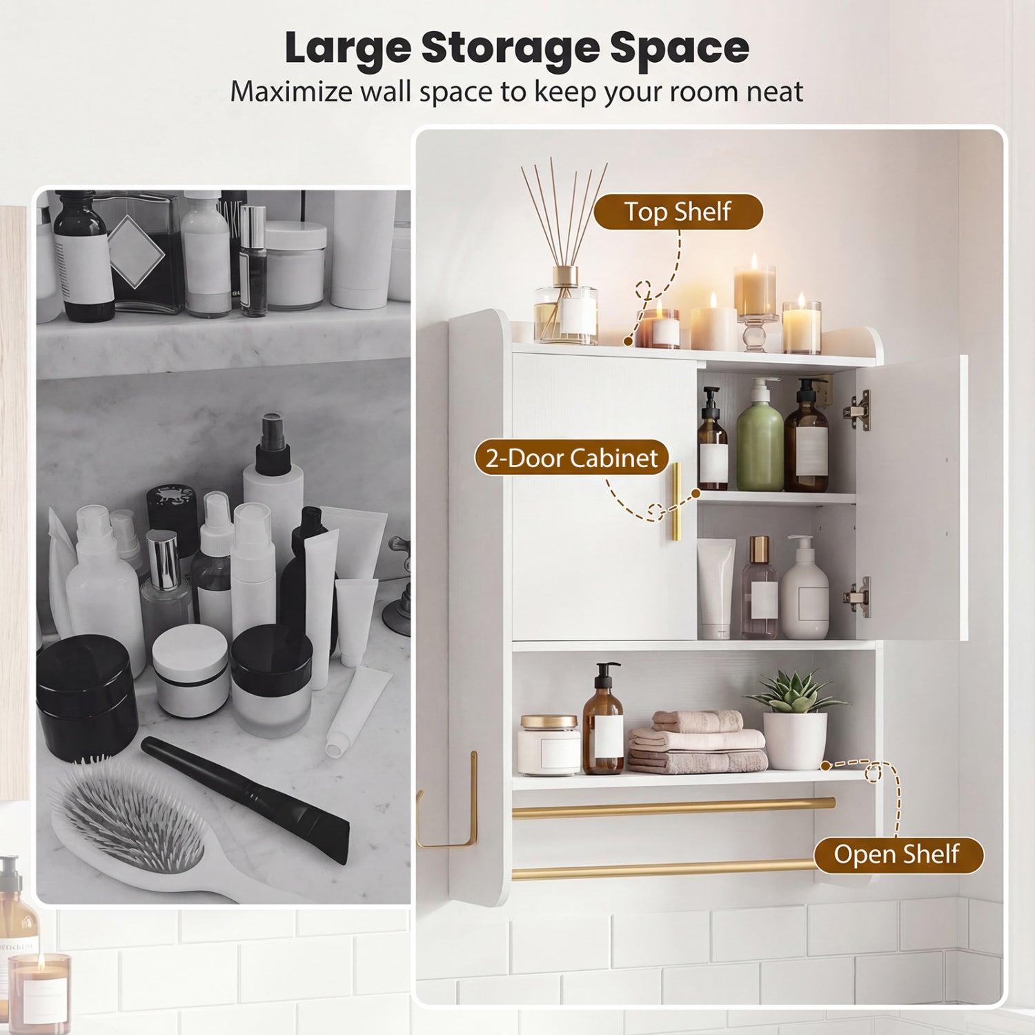 Bathroom Wall Cabinet Wall Mounted Medicine Cabinet with Towel Bars-White