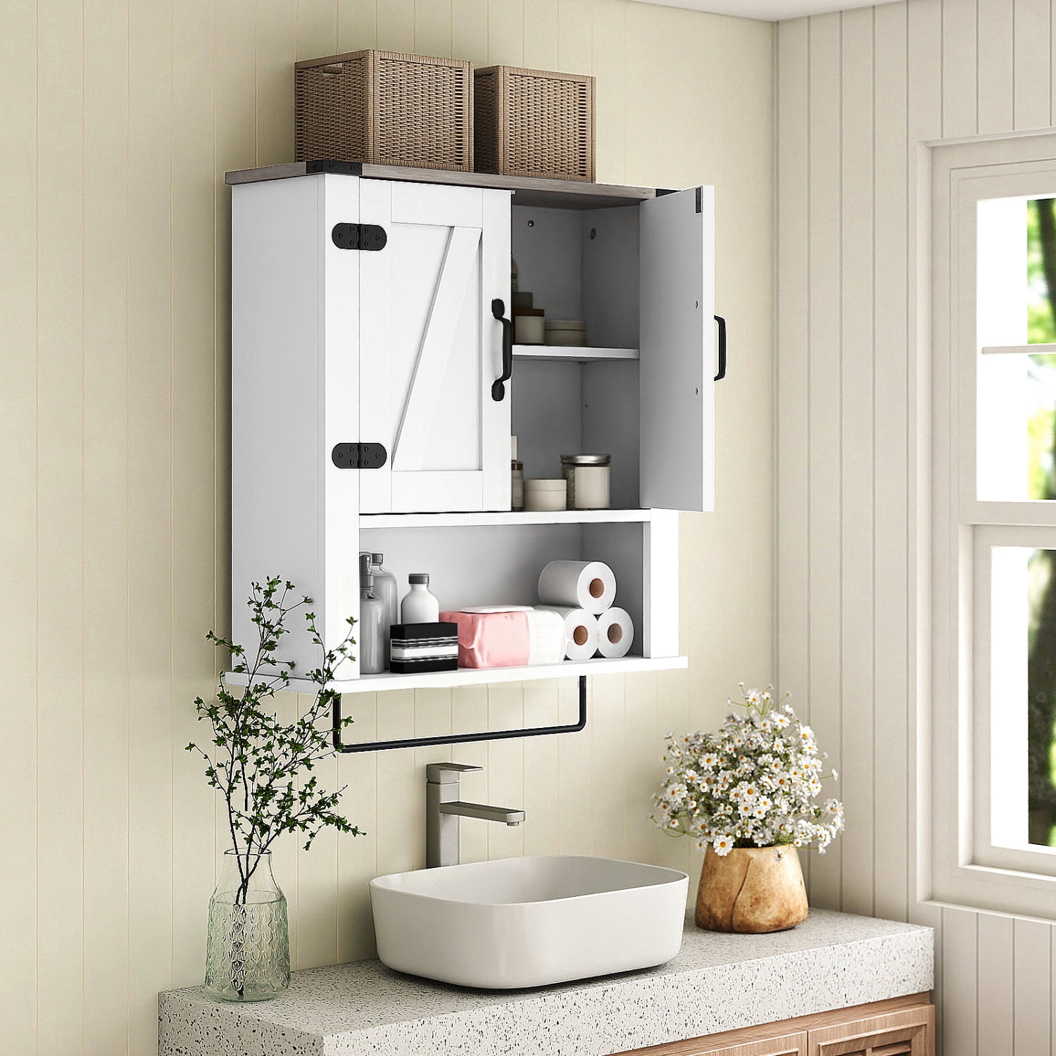 Bathroom Wall Cabinet with Towel Bar Farmhouse Medicine Cabinet-White