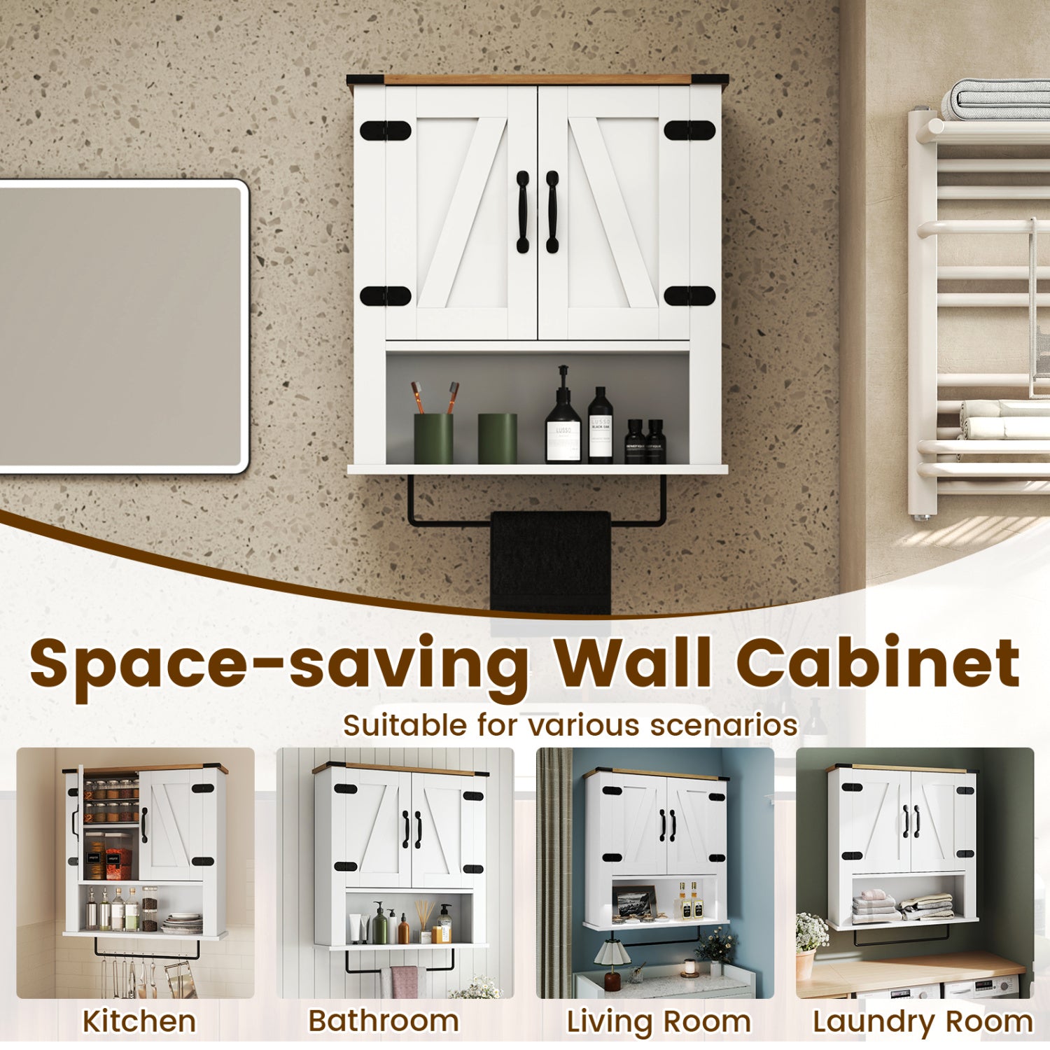 Bathroom Wall Cabinet with Towel Bar Farmhouse Medicine Cabinet-White