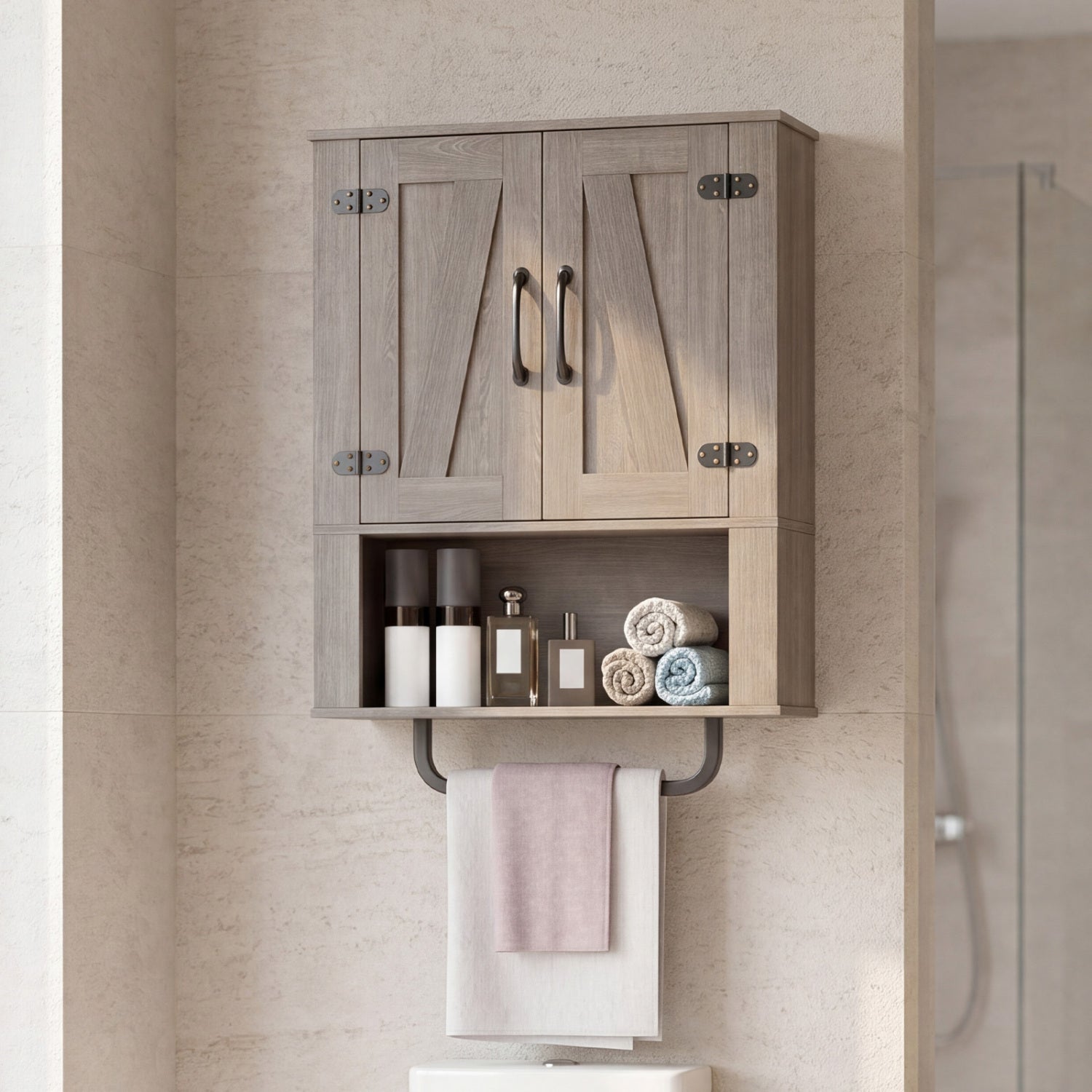 Bathroom Wall Cabinet with 2 Barn Doors and Towel Bar and 3-Tier Wooden Storage-Gray