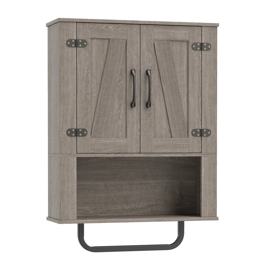 Bathroom Wall Cabinet with 2 Barn Doors and Towel Bar and 3-Tier Wooden Storage-Gray
