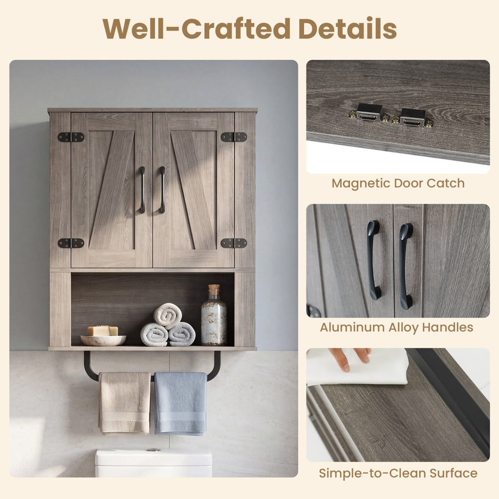 Bathroom Wall Cabinet with 2 Barn Doors and Towel Bar and 3-Tier Wooden Storage-Gray