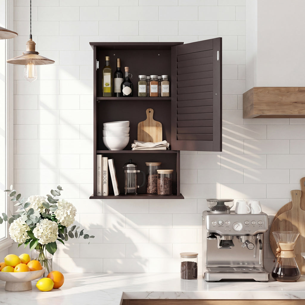 Bathroom Wall Mount Storage Cabinet Single Door with Height Adjustable Shelf-Rustic Brown