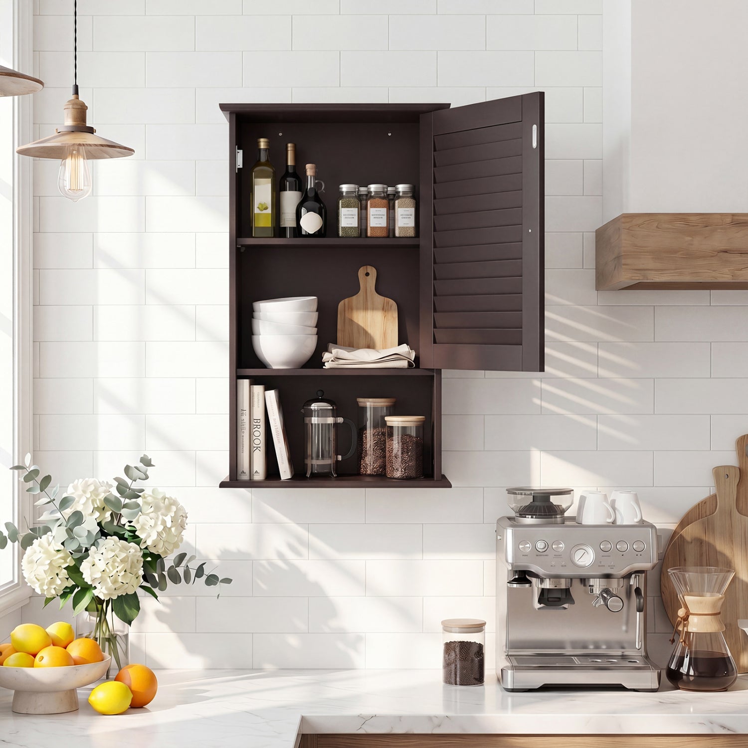 Bathroom Wall Mount Storage Cabinet Single Door with Height Adjustable Shelf-Rustic Brown