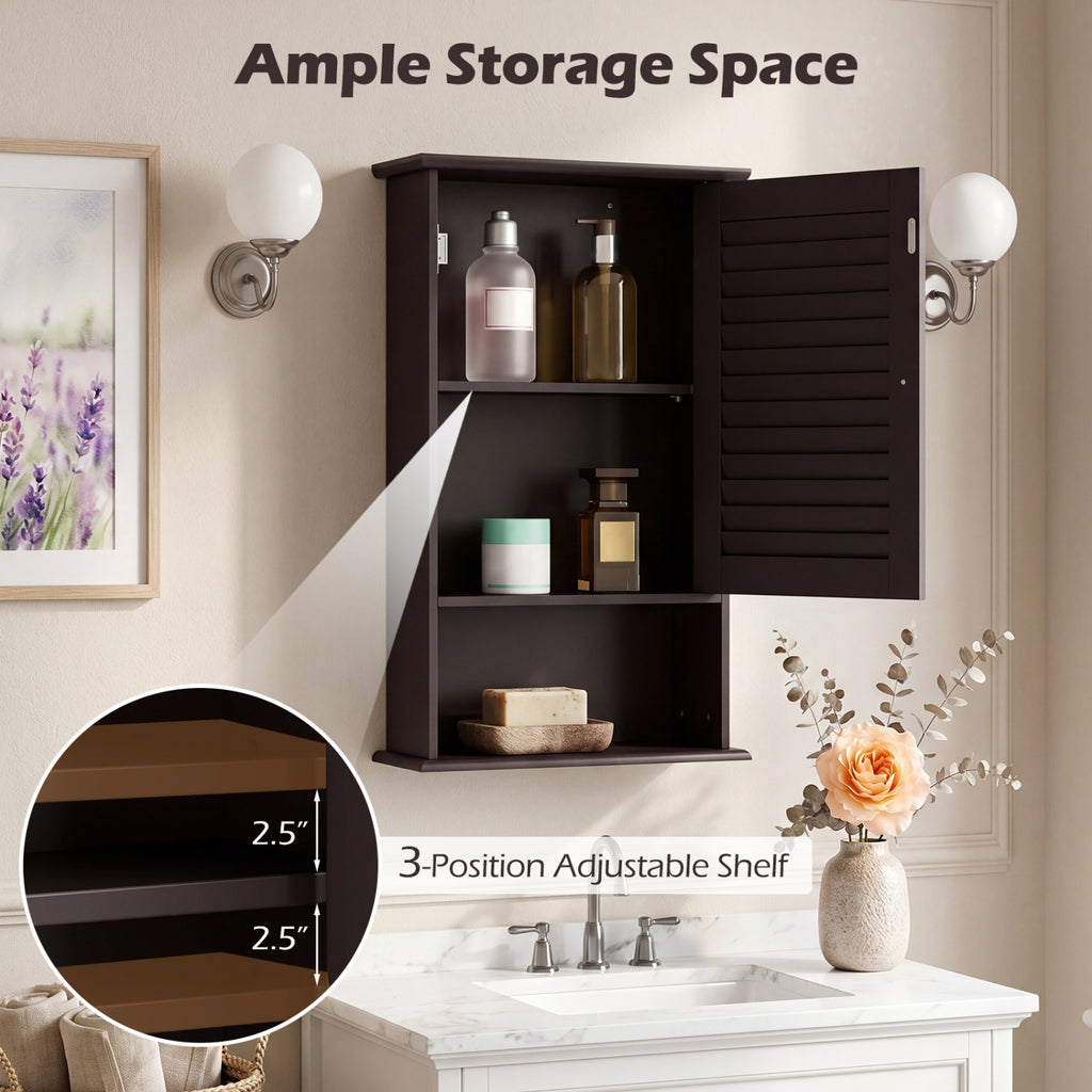 Bathroom Wall Mount Storage Cabinet Single Door with Height Adjustable Shelf-Rustic Brown