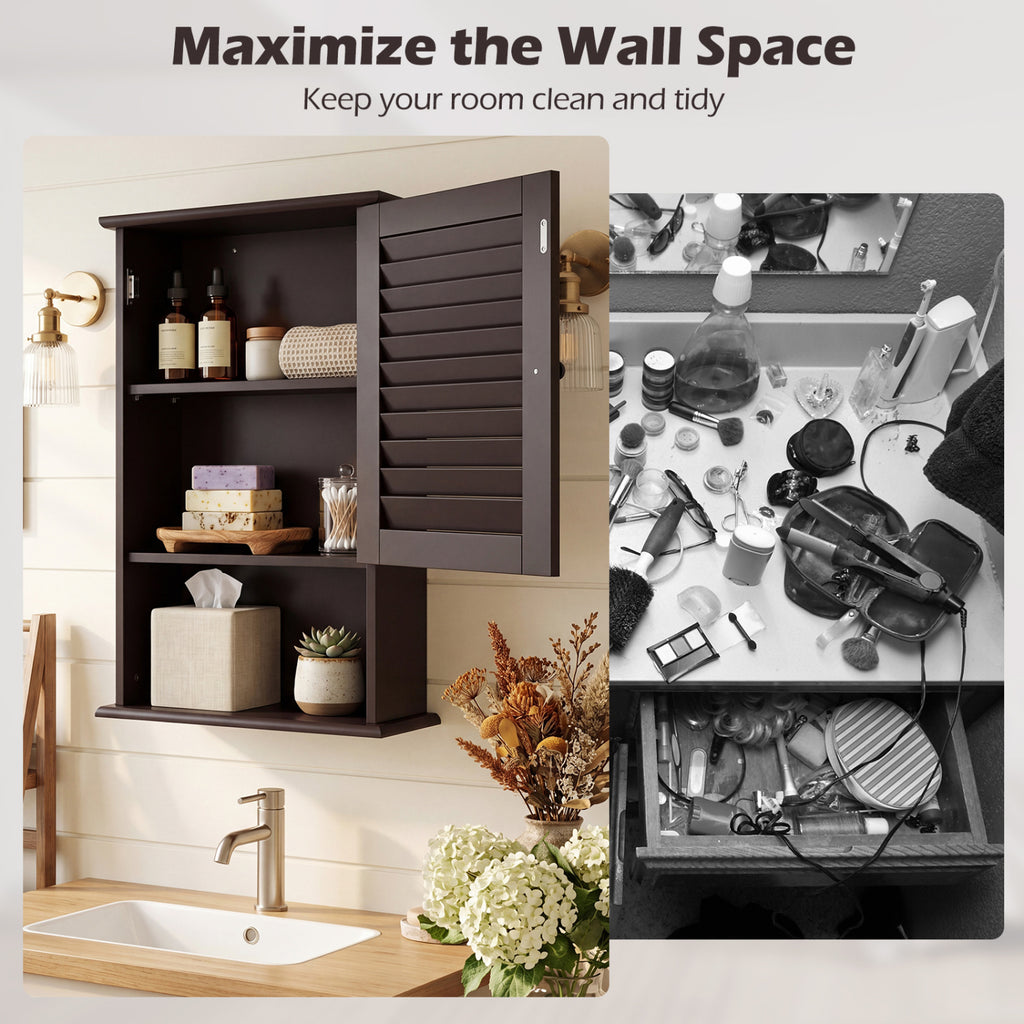 Bathroom Wall Mount Storage Cabinet Single Door with Height Adjustable Shelf-Rustic Brown