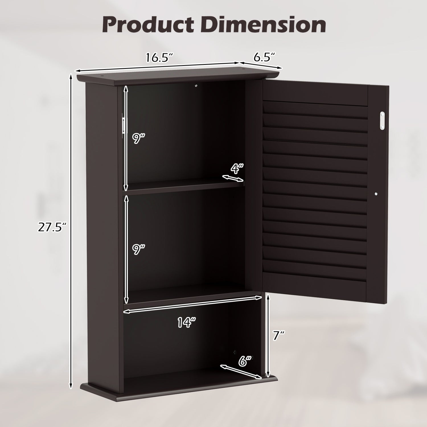 Bathroom Wall Mount Storage Cabinet Single Door with Height Adjustable Shelf-Rustic Brown