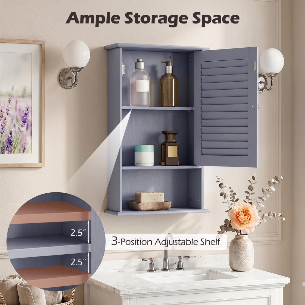 Bathroom Wall Mount Storage Cabinet Single Door with Height Adjustable Shelf-Gray