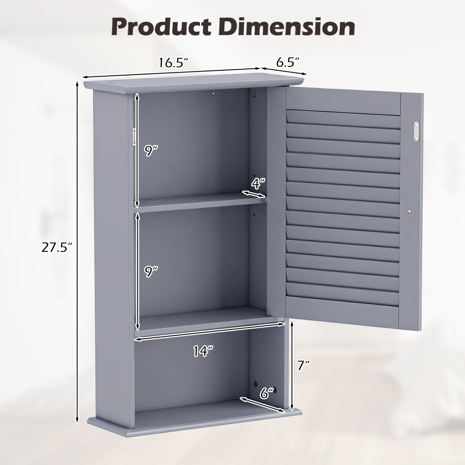 Bathroom Wall Mount Storage Cabinet Single Door with Height Adjustable Shelf-Gray