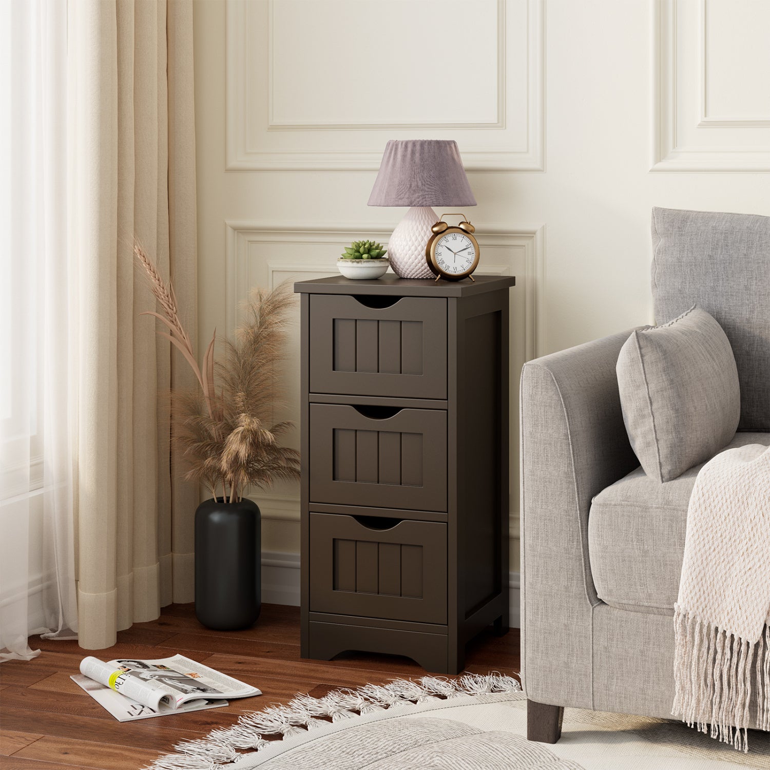 Bathroom Wooden Free Standing Storage Side Floor Cabinet Organizer-3-Tier.-Brown