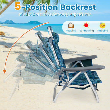 Beach Chairs Set of 2 Portable Folding Backpack Recliners with 5-Position Backrest and Padded Headrest-Peacock Blue