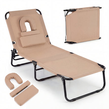 Beach Chaise Lounge Chair with Face Hole and Removable Pillow-Beige