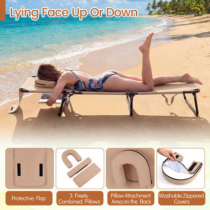 Beach Chaise Lounge Chair with Face Hole and Removable Pillow-Beige