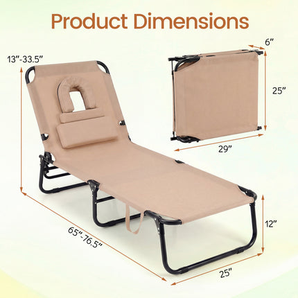 Beach Chaise Lounge Chair with Face Hole and Removable Pillow-Beige