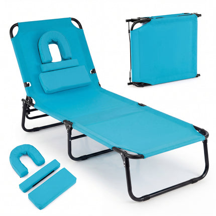 Beach Chaise Lounge Chair with Face Hole and Removable Pillow-Turquoise