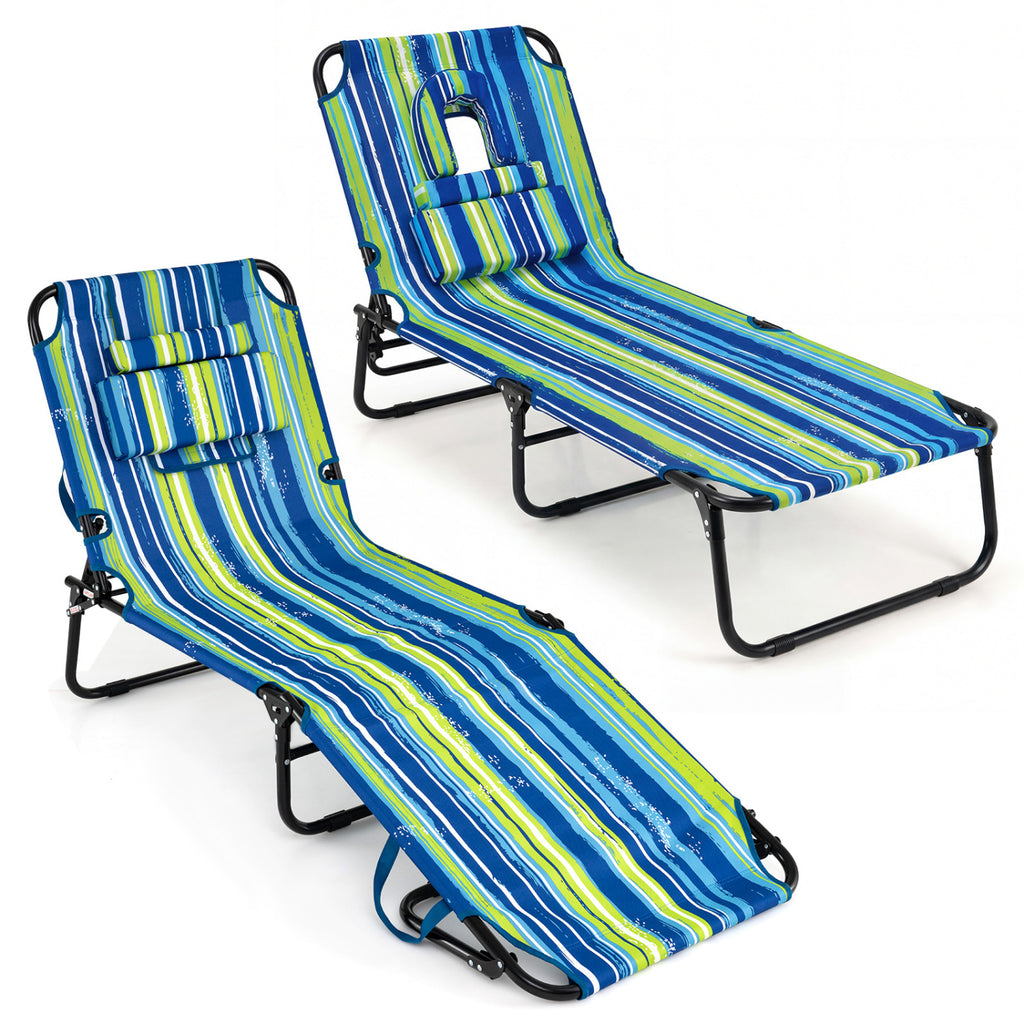 Beach Chaise Lounge Chair with Face Hole and Removable Pillow-Blue & Green