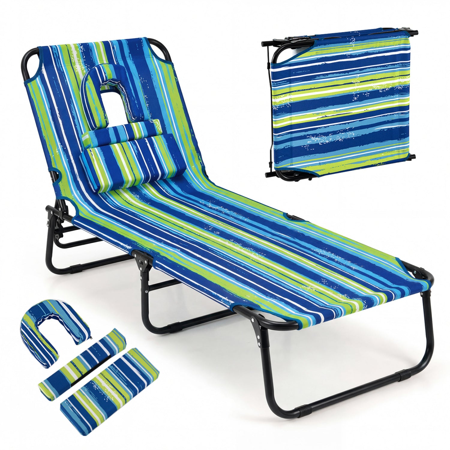 Beach Chaise Lounge Chair with Face Hole and Removable Pillow-Blue & Green