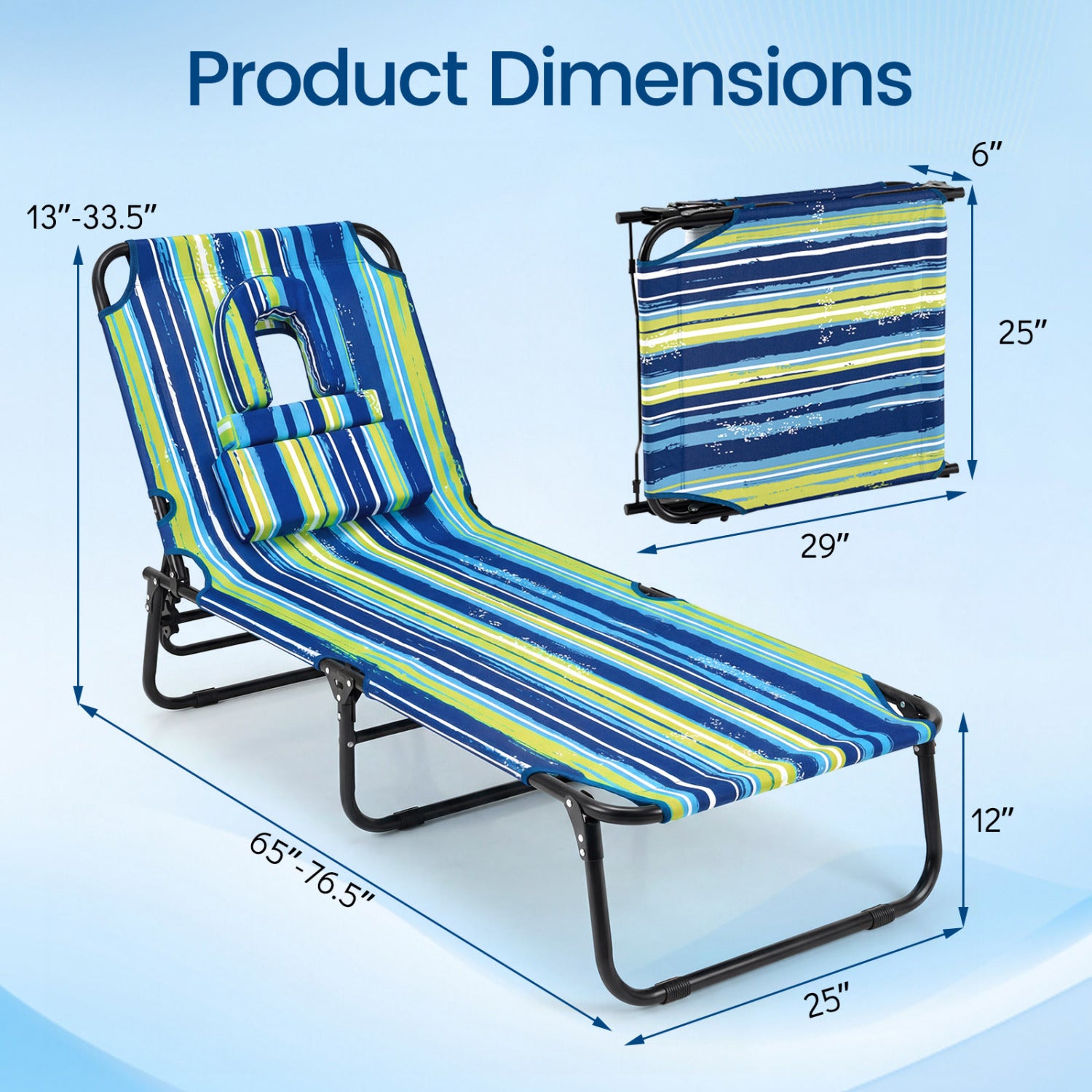 Beach Chaise Lounge Chair with Face Hole and Removable Pillow-Blue & Green