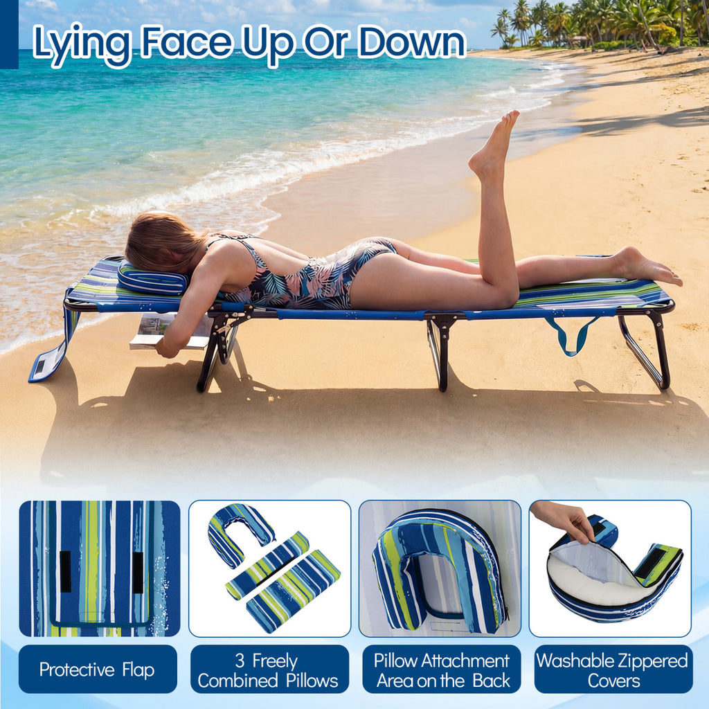 Beach Chaise Lounge Chair with Face Hole and Removable Pillow-Blue & Green