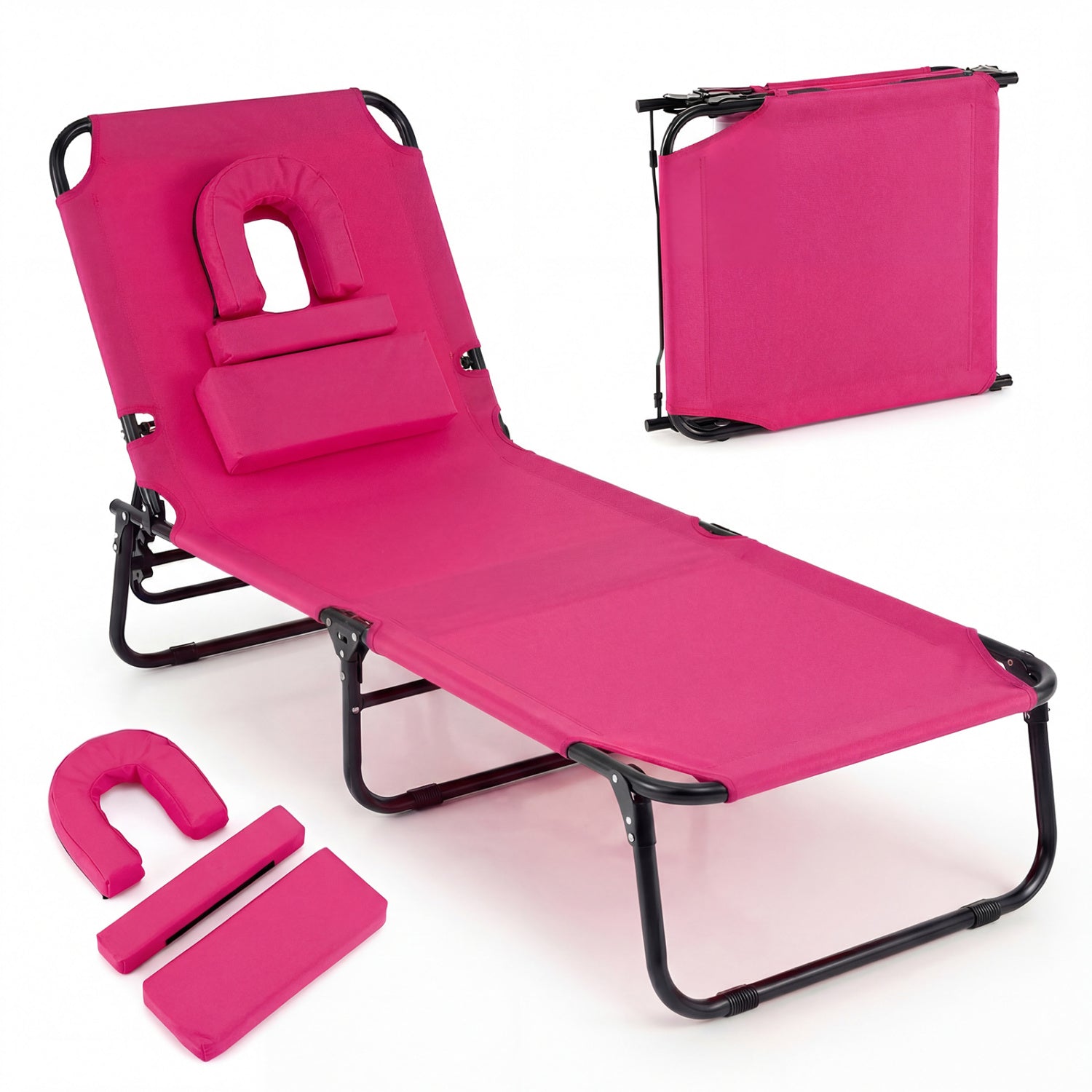 Beach Chaise Lounge Chair with Face Hole and Removable Pillow-Pink