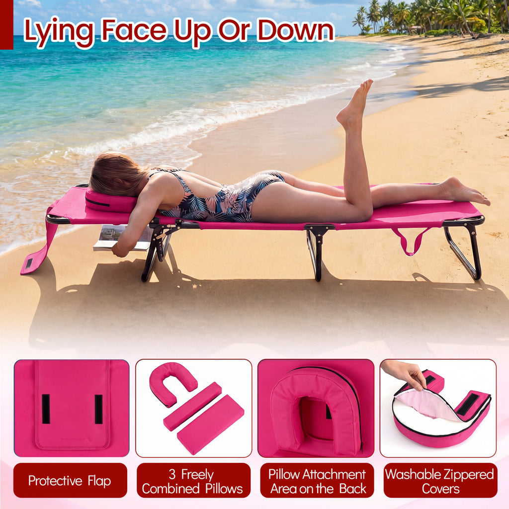 Beach Chaise Lounge Chair with Face Hole and Removable Pillow-Pink