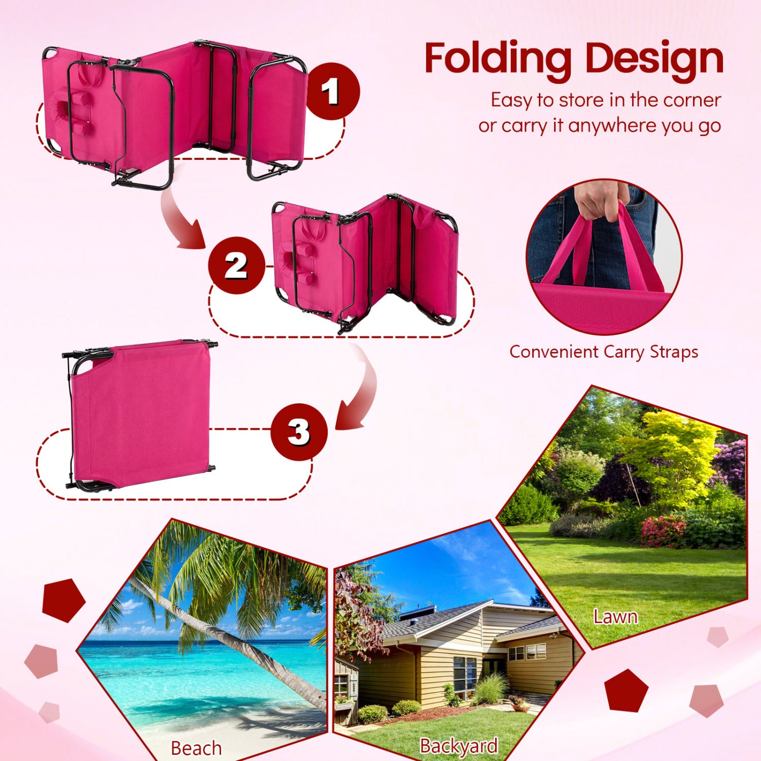Beach Chaise Lounge Chair with Face Hole and Removable Pillow-Pink
