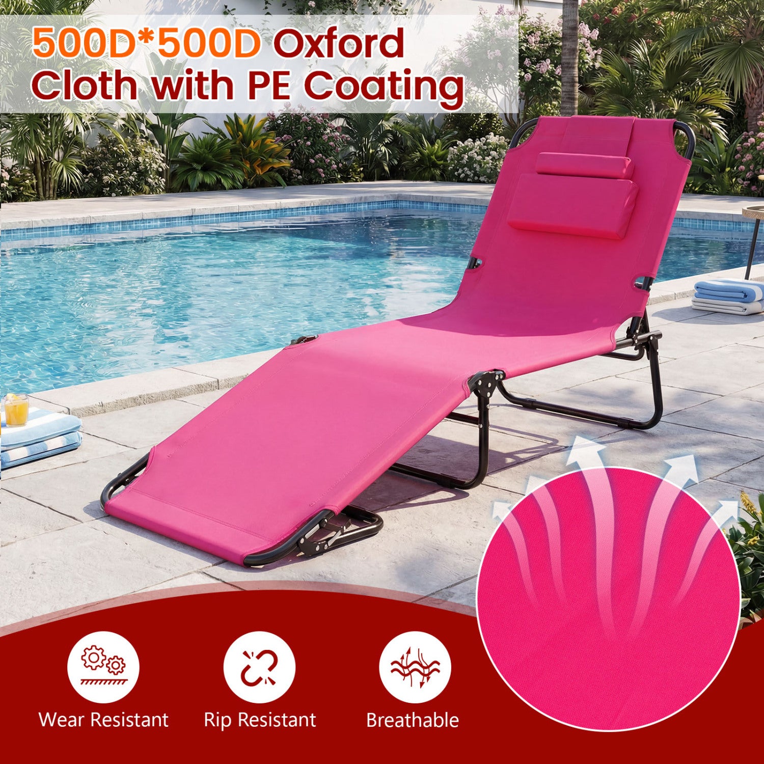 Beach Chaise Lounge Chair with Face Hole and Removable Pillow-Pink