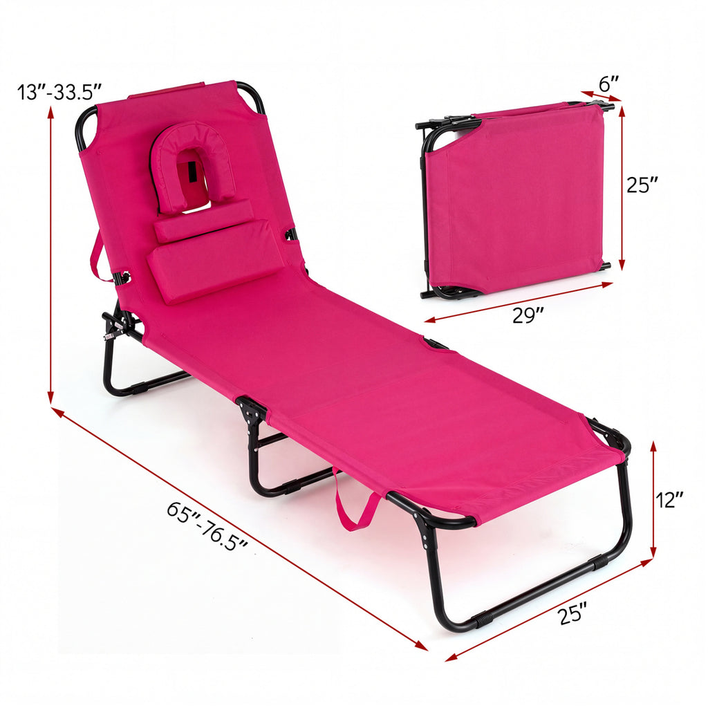 Beach Chaise Lounge Chair with Face Hole and Removable Pillow-Pink