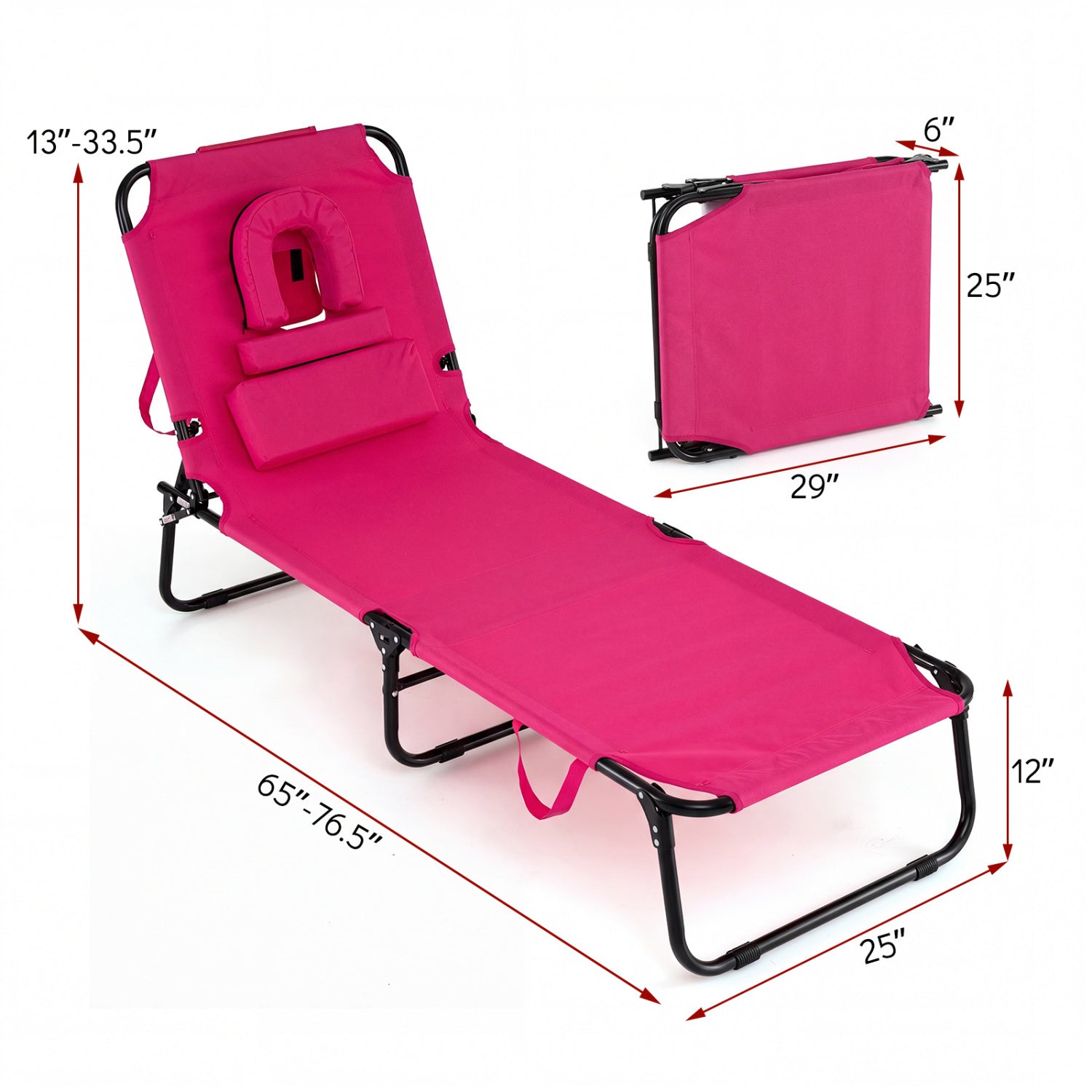 Beach Chaise Lounge Chair with Face Hole and Removable Pillow-Pink