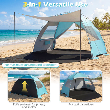 Beach Tent Sun Shelter with Canopy Pop-Up Easy Setup UPF50+ Sun Protection-Blue