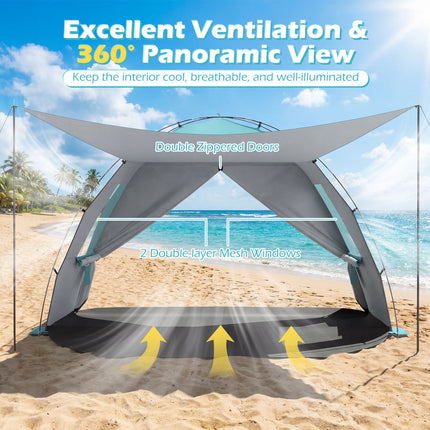 Beach Tent Sun Shelter with Canopy with Extended Floor and Vent Windows-Blue
