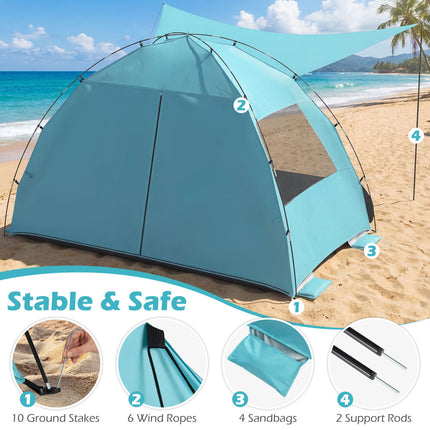 Beach Tent Sun Shelter with Canopy with Extended Floor and Vent Windows-Blue