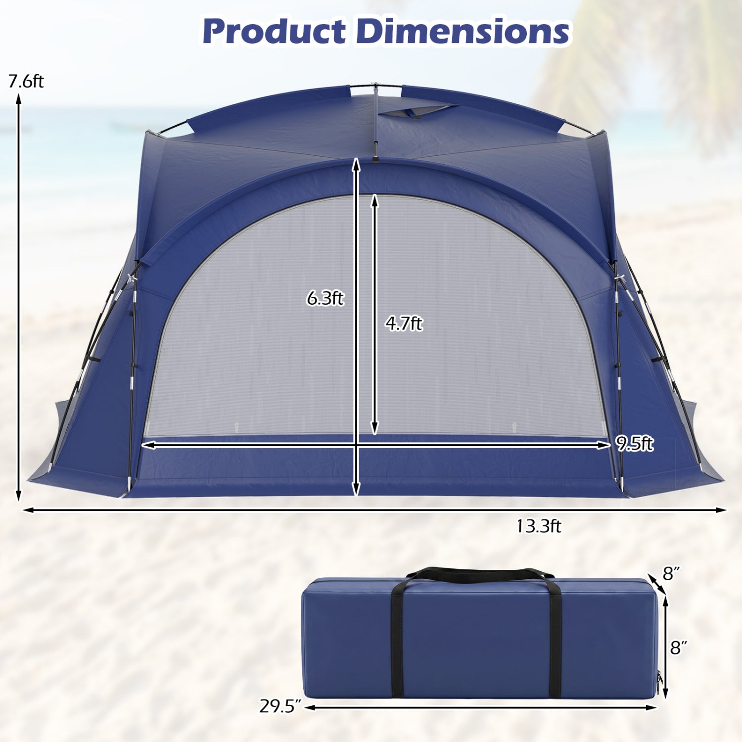 Beach Tent for 12-15 People Easy Setup Dome Canopy Tent with 4 Removable Zippered Sidewalls-Blue