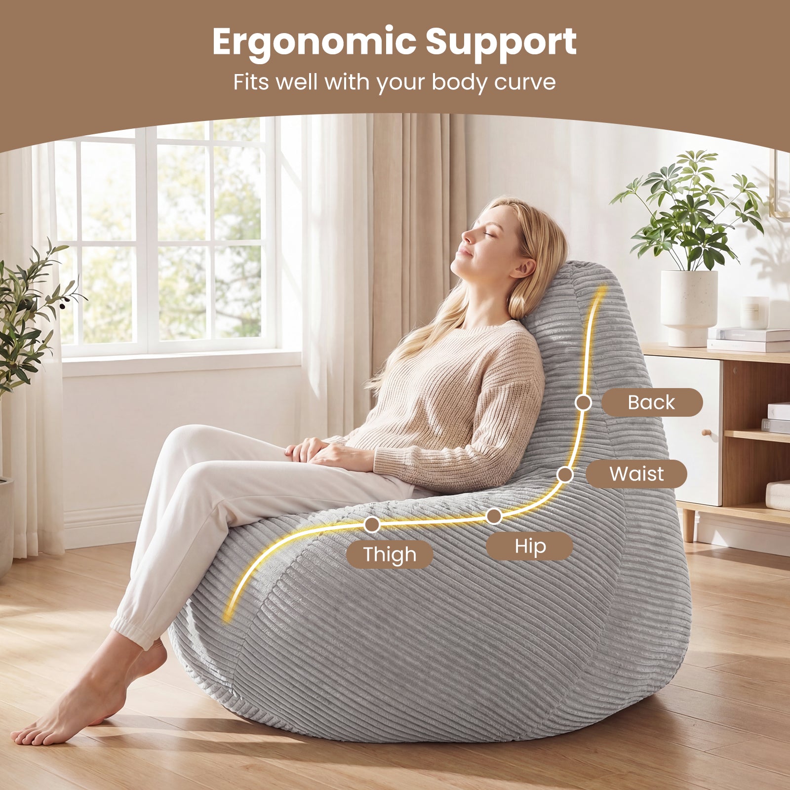 Bean Bag Chair for Adults Accent Lazy Sofa with Skin-friendly Corduroy Cover and Soft Sponge Filling-Gray