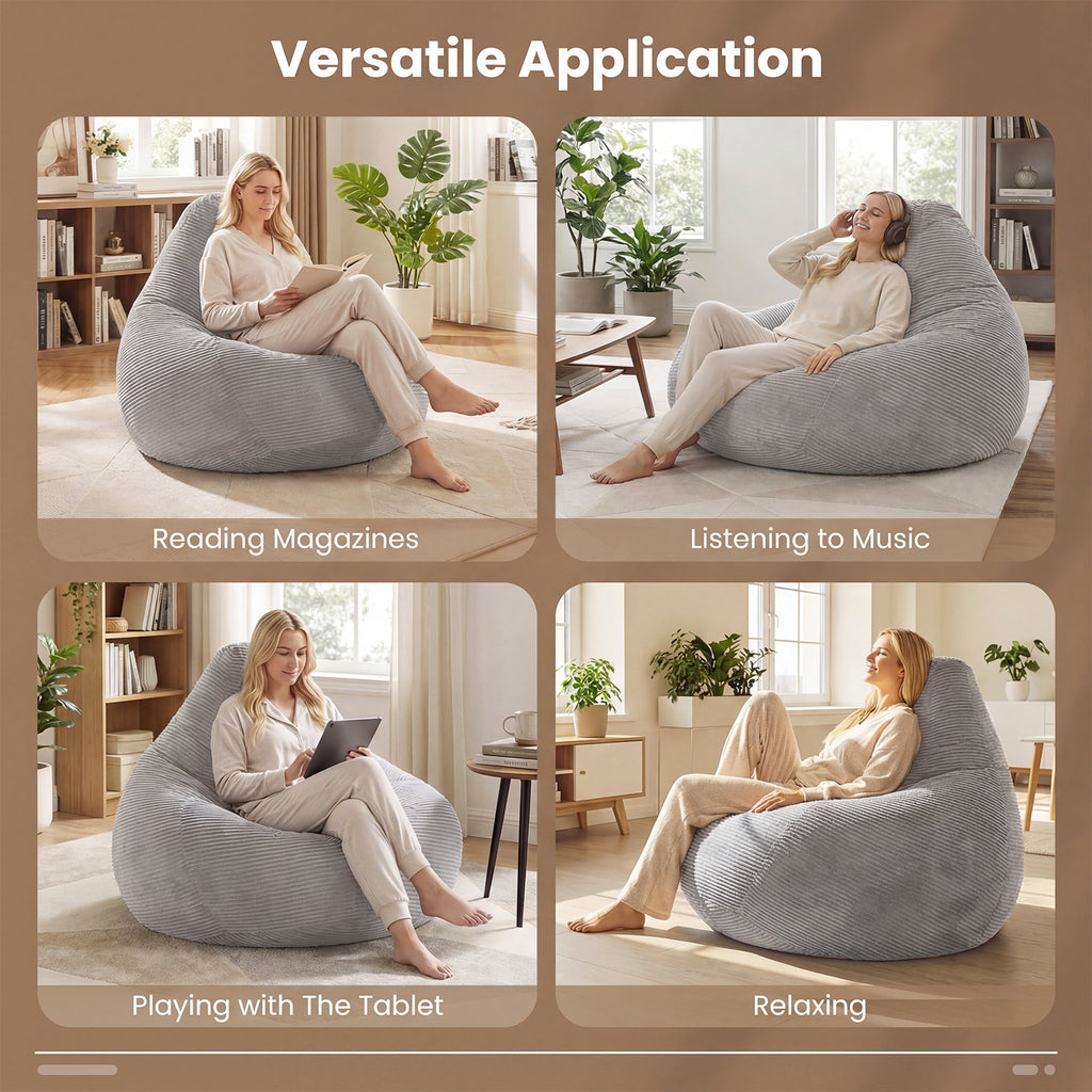 Bean Bag Chair for Adults Accent Lazy Sofa with Skin-friendly Corduroy Cover and Soft Sponge Filling-Gray