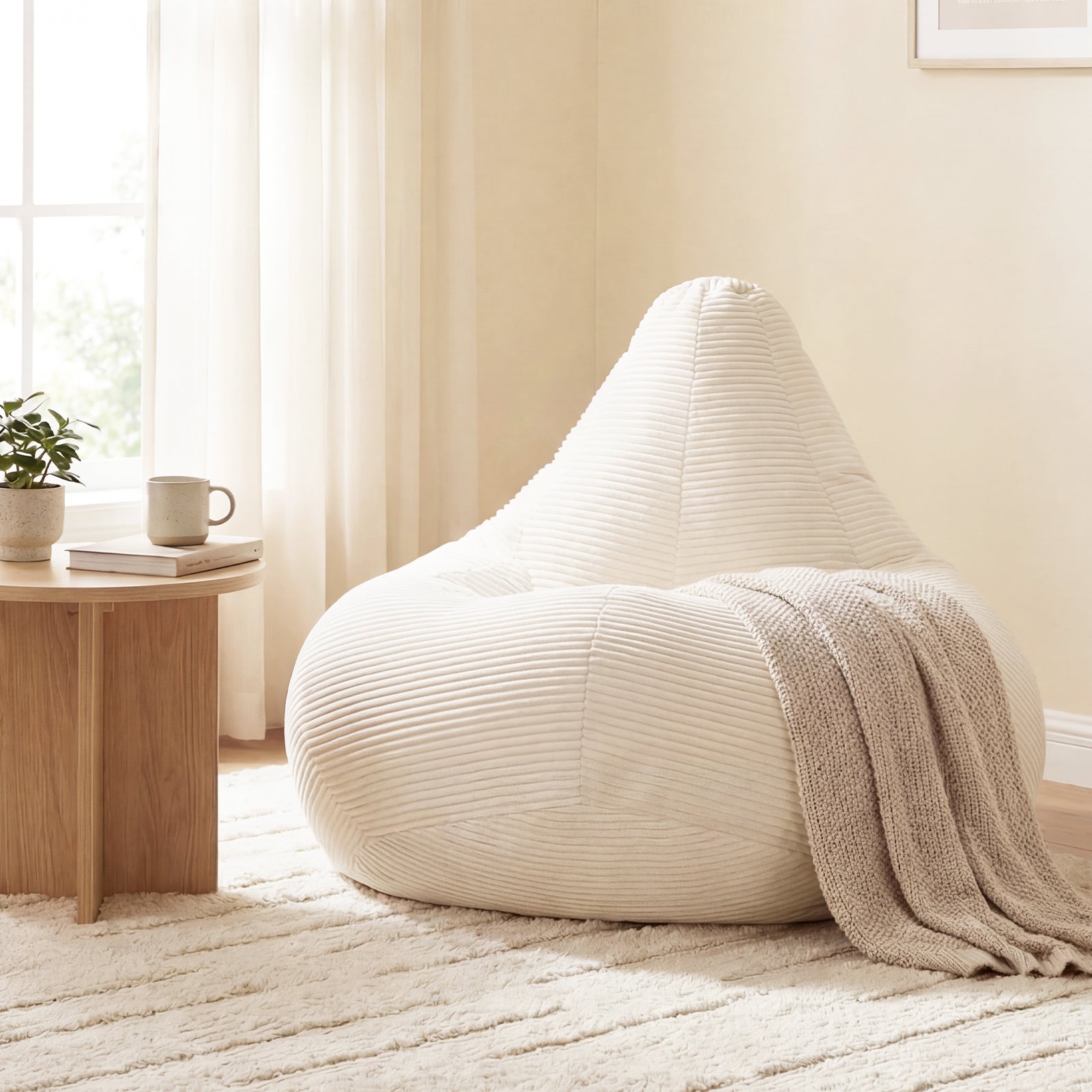 Bean Bag Chair for Adults Accent Lazy Sofa with Skin-friendly Corduroy Cover and Soft Sponge Filling-Off White
