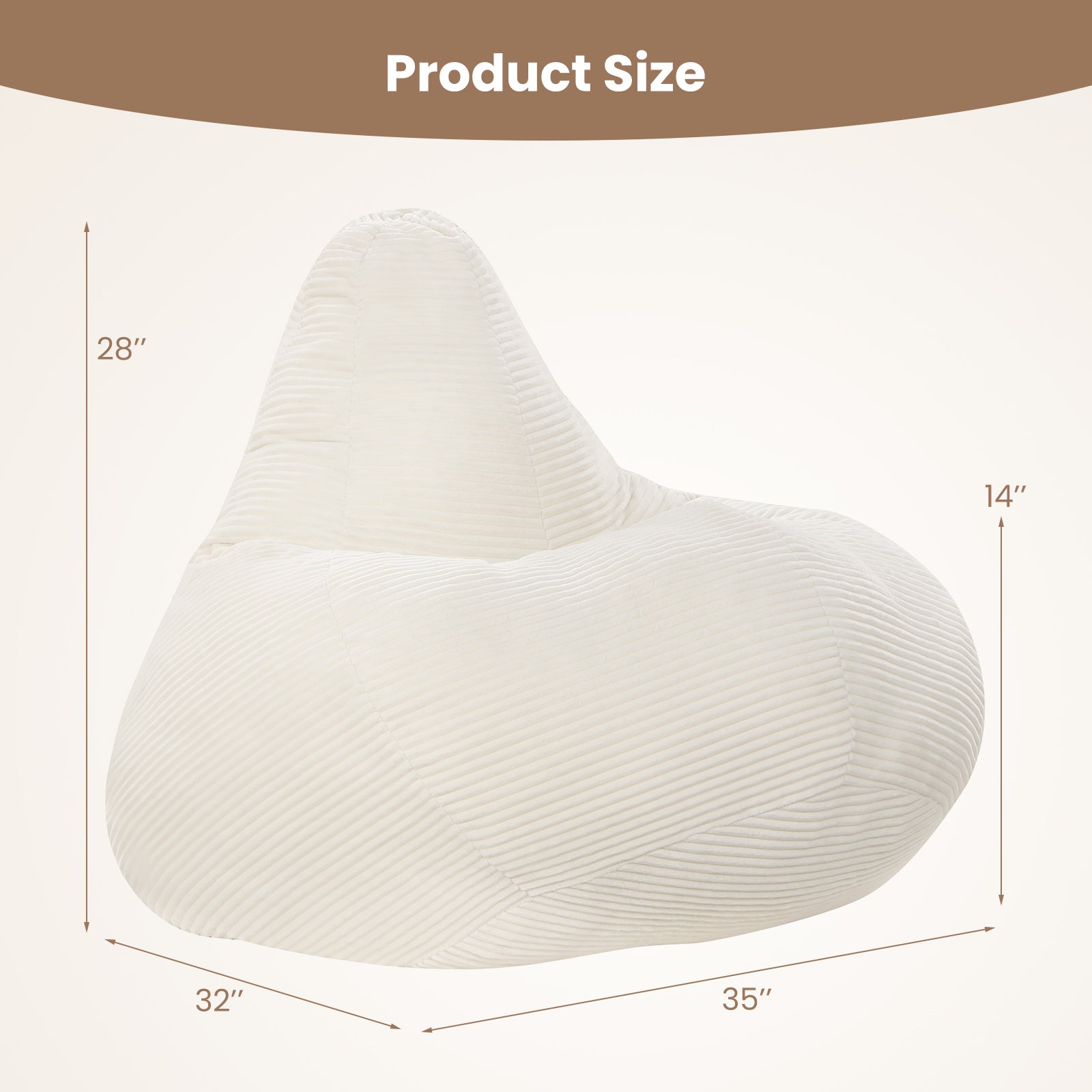 Bean Bag Chair for Adults Accent Lazy Sofa with Skin-friendly Corduroy Cover and Soft Sponge Filling-Off White