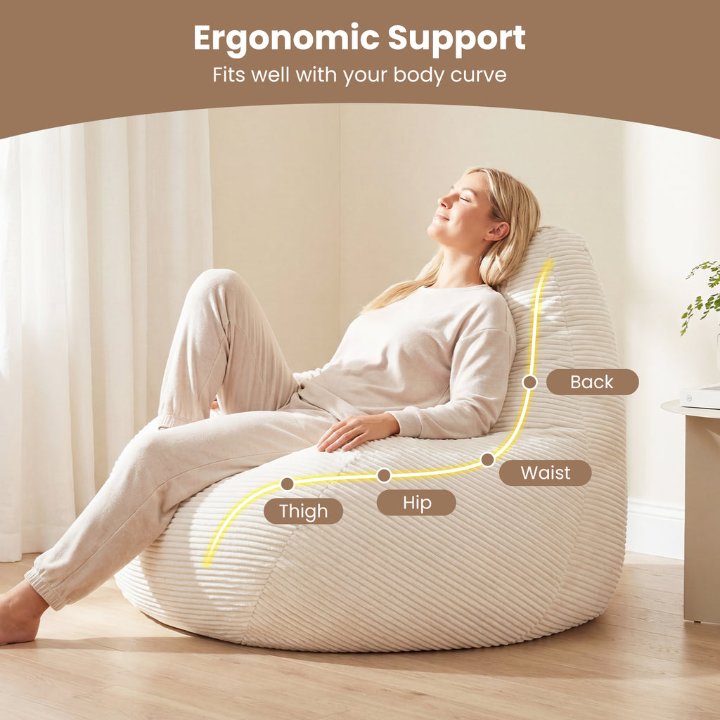 Bean Bag Chair for Adults Accent Lazy Sofa with Skin-friendly Corduroy Cover and Soft Sponge Filling-Off White