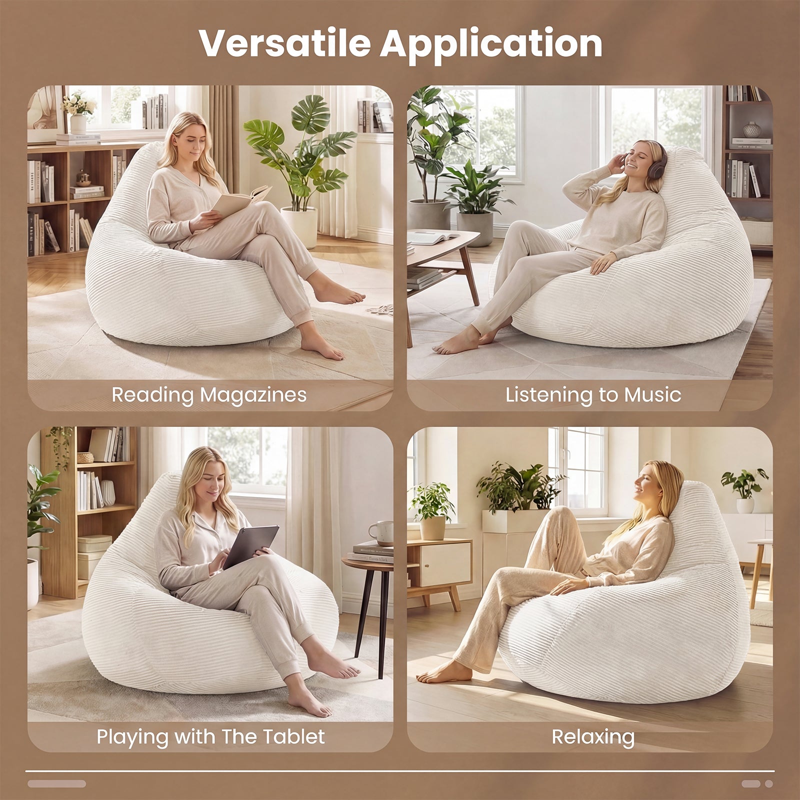 Bean Bag Chair for Adults Accent Lazy Sofa with Skin-friendly Corduroy Cover and Soft Sponge Filling-Off White