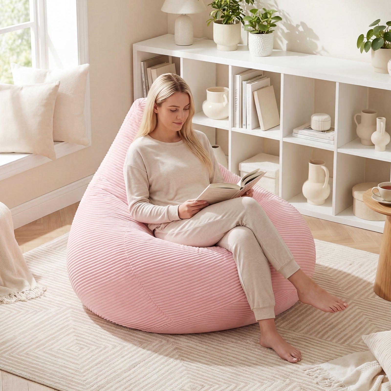 Bean Bag Chair for Adults Accent Lazy Sofa with Skin-friendly Corduroy Cover and Soft Sponge Filling-Pink