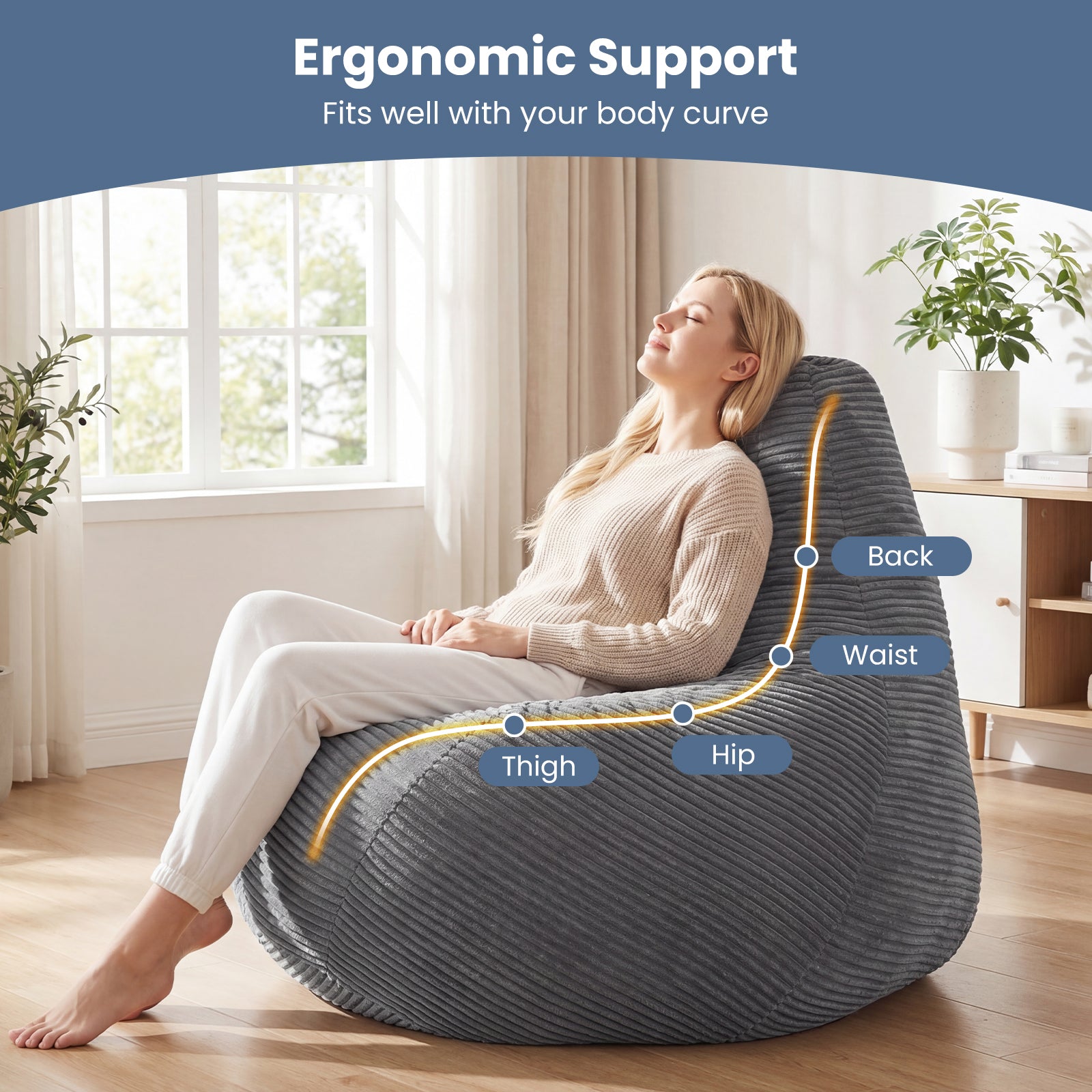 Bean Bag Chair for Adults Accent Lazy Sofa with Skin-friendly Corduroy Cover and Soft Sponge Filling-Dark Gray