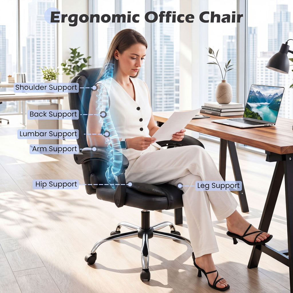 Big High Back Executive Chair with Linkage Armrests and Leather Padded Seat for Office-Black